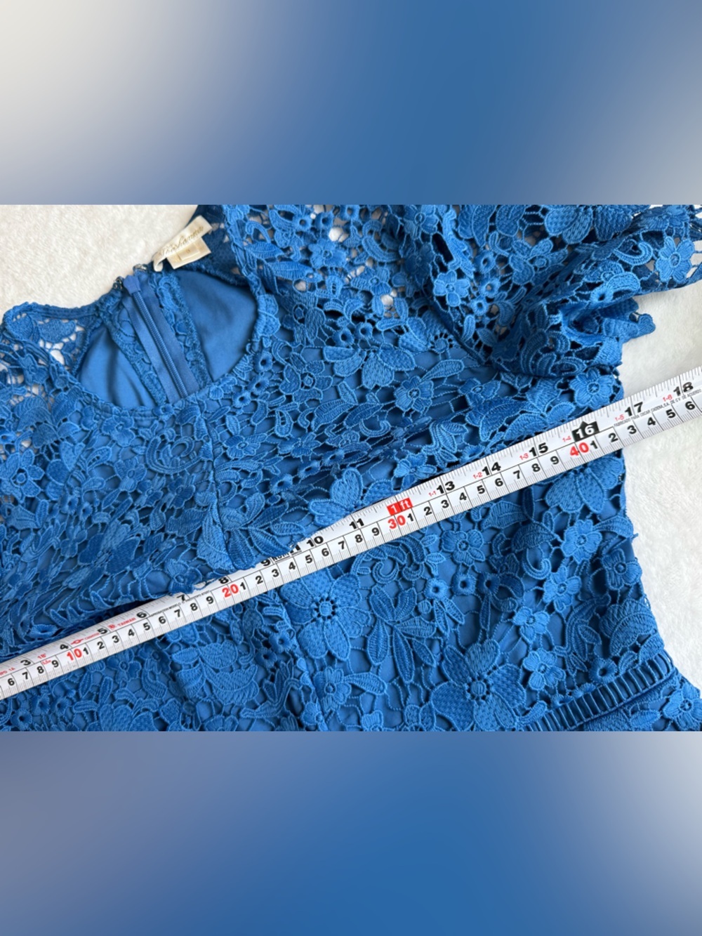 Shoshanna Blue Lace Midi Dress Size 0 Floral Crochet Fitted Ruffle Hem - Picture 12 of 15